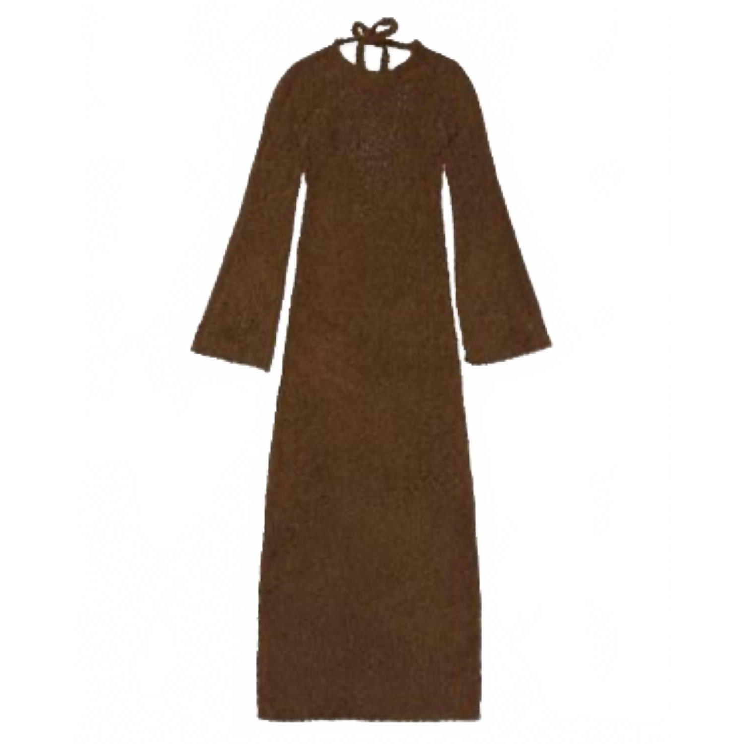 New Honor The Gift Women Fuzzy Knit Maxi Dress Long Sleeve Open Tie-Back In Brow